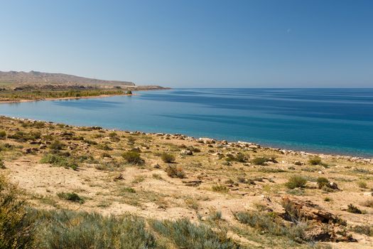 Lake Issyk-kul, Tosor Jeti-Oguz District, Kyrgyzstan, empty beach on the southern shore of the lake