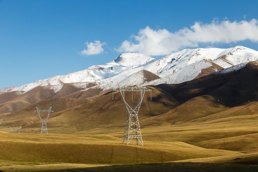 electricity pylon, power lines in the mountains, kyrgyzstan, Kyzart Pass, Kochkor District, Naryn Region
