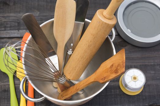 Bakery And Cooking Tools with kitchen timekeeping on wood table