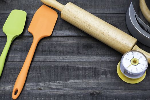 Bakery And Cooking Tools with kitchen timekeeping on wood table