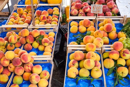 Peaches and nectarines for sale at a market