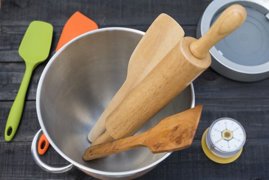 Bakery And Cooking Tools with kitchen timekeeping on wood table