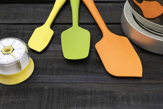 Bakery And Cooking Tools with kitchen timekeeping on wood table
