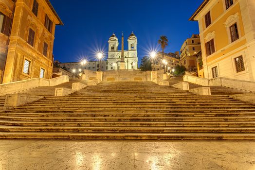 The empty Spanish Steps in Rome at night