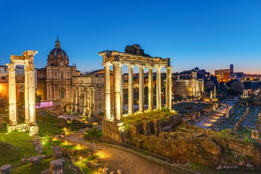 The remains of the Roman Forum in Rome at dawn