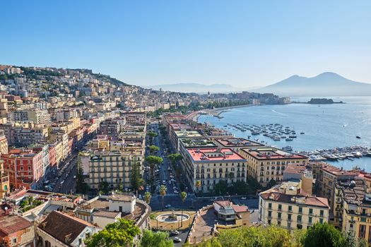 Naples in Italy early in the morning with Mount Vesuvius in the back