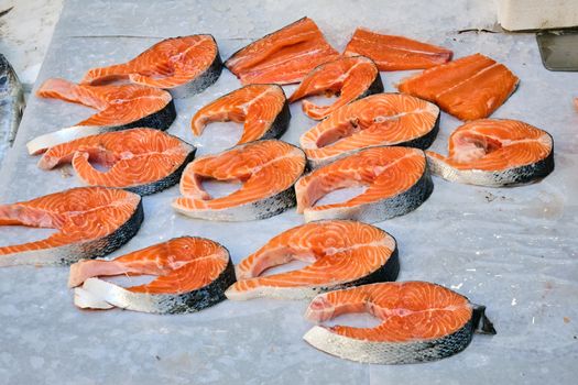 Fresh salmon fillet for sale at a market in Naples, Italy