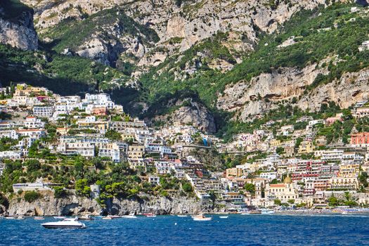 View of Positano on the italian Amalfi Coast from the sea