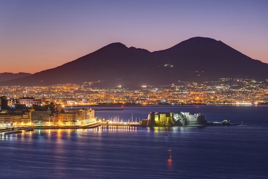 View over the Gulf of Naples before sunrise with Mount Vesuvius in the back