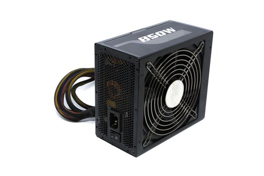 850W Power supply unit with cable and switch I O, black color for full ATX Tower case PC have big fan for cool ioslated on white background