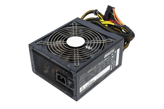 850W Power supply unit with cable and switch I O, black color for full ATX Tower case PC have big fan for cool ioslated on white background