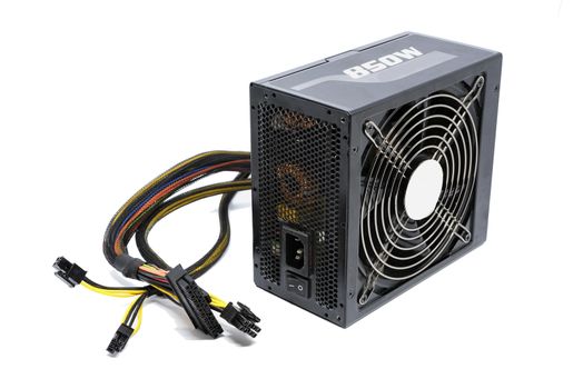 850W Power supply unit with cable and switch I O, black color for full ATX Tower case PC have big fan for cool ioslated on white background