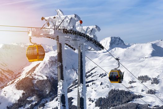 Ski resort. Gondola lift. Cabin of ski-lift in the ski resort