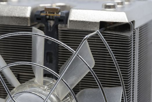 Close up CPU cooling fan with aluminum finned heat sink 