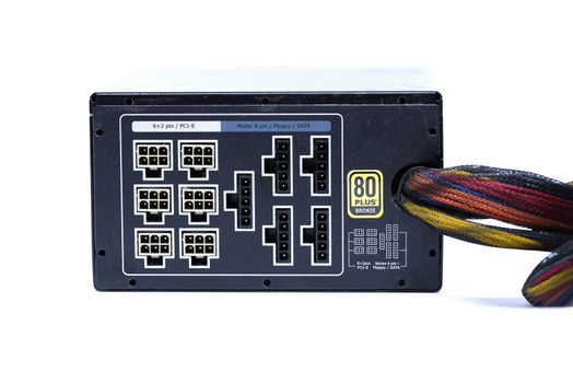 Back side 850W power supply have many connection for cable and have label for tell what connection can use isolated on white background