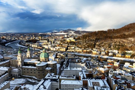 Top view of the Salzach river and the old city in center of Salzburg, Austria, from the walls of the fortress