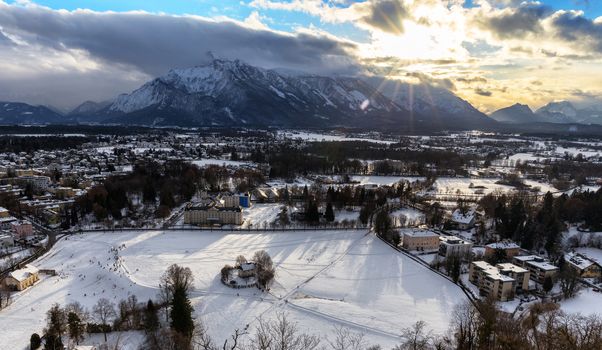 Aerial panoramic view from the top of Hohensalzburg fortress (Castle). Salzburg, Austria