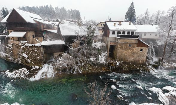 Beautiful and magic waterfalls during winter at Slunj, Croatia, Europe