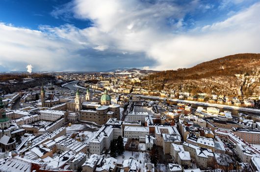 Salzburg City Skyline, Aerial View of Mozart-Wohnhaus, Pfarre Mulln, Salzburger Landestheater, Dreifaltigkeitskirche, Mozarteum University of Salzburg, Hotel Sacher Salzburg, Hotel Bristol, Austria