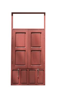 Old red wood twin window close isolated on white background