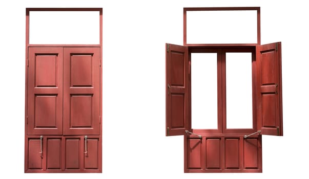 Two red wood twin windows one open one close isolated on white background with clipping path