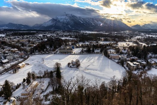 Aerial panoramic view from the top of Hohensalzburg fortress (Castle). Salzburg, Austria