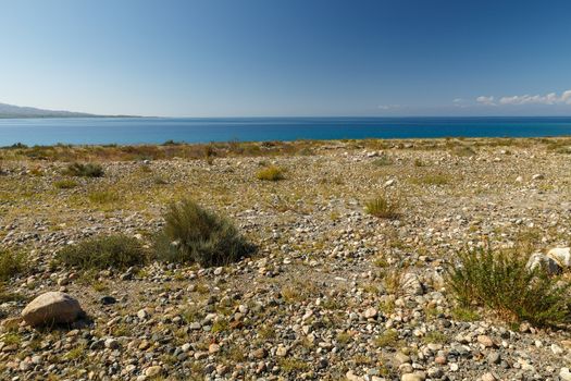 Lake Issyk-kul, the largest lake in Kyrgyzstan, south shore of the lake