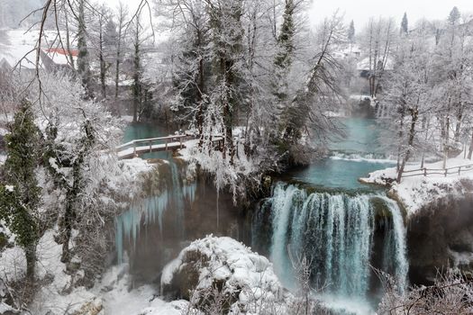 Beautiful and magic waterfalls during winter at Slunj, Croatia, Europe