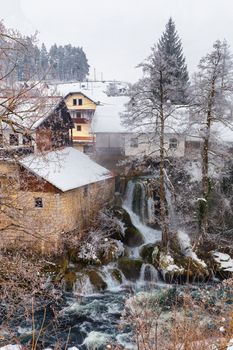 Beautiful and magic waterfalls during winter at Slunj, Croatia, Europe