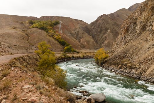 Kokemeren river, Aral, Jumgal District, Naryn Region Kyrgyzstan, mountain river in the gorge