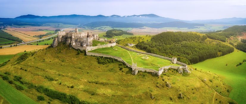 Aerial view of Spis (Spiš, Spišský) castle, Unesco Wold Heritage, Slovakia, second biggest medieval castle in Middle Europe.