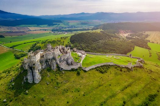 Spiss castle aerial view from drone, unesco heritage, biggest medieval castle, Slovakia, Europe