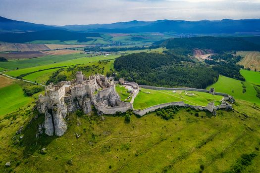 Spiss castle aerial view from drone, unesco heritage, biggest medieval castle, Slovakia, Europe