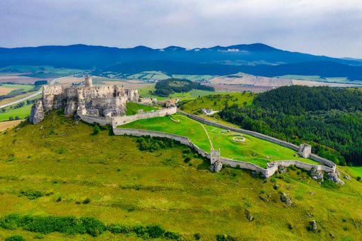 Spiss castle aerial view from drone, unesco heritage, biggest medieval castle, Slovakia, Europe