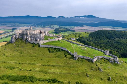 Spiss castle aerial view from drone, unesco heritage, biggest medieval castle, Slovakia, Europe