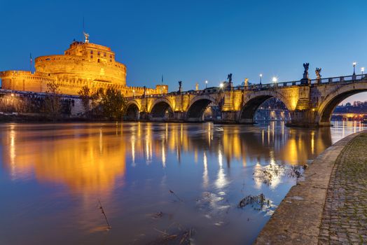 The Castel Sant Angelo and the Sant Angelo bridge in Rome at night