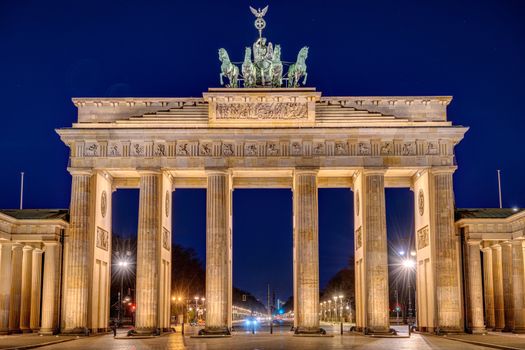 The illuminated Brandenburg Gate in Berlin at night with no people