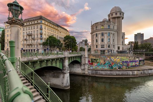 The Danube Canal in Vienna at Night with Urania and Uniqa Tower, Vienna, Austria