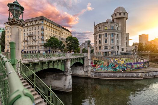 The Danube Canal in Vienna at Night with Urania and Uniqa Tower, Vienna, Austria