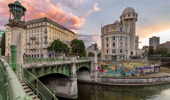 The Danube Canal in Vienna at Night with Urania and Uniqa Tower, Vienna, Austria