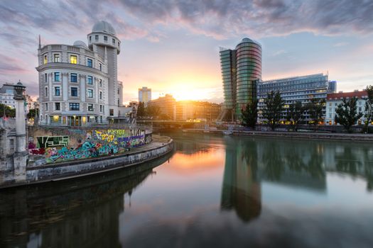 The Danube Canal in Vienna at Night, Vienna, Austria