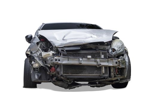 Front of gray color car damaged and broken by accident . Isolate on white background. Save with cliping path