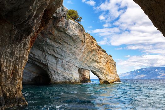 Blue caves on Zakynthos island, Greece. Famous blue caves view on Zakynthos island