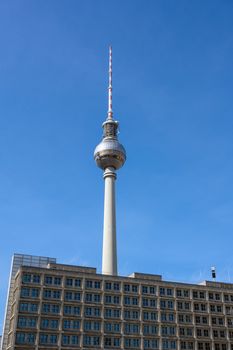 The famous Fernsehturm in Berlin with a clear blue sky