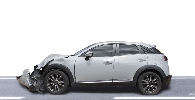 Gray color car damaged and broken by accident . Isolate on white background. Save with cliping path. Car crash.