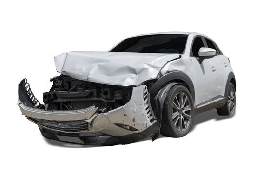 Front of gray color car damaged and broken by accident . Isolate on white background. Save with cliping path