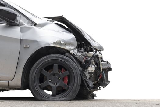Front of gray color car damaged and broken by accident . Isolate on white background. Save with cliping path