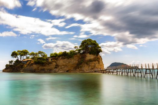 Travel and vacation concept - Zakynthos, hanging bridge to the Cameo island