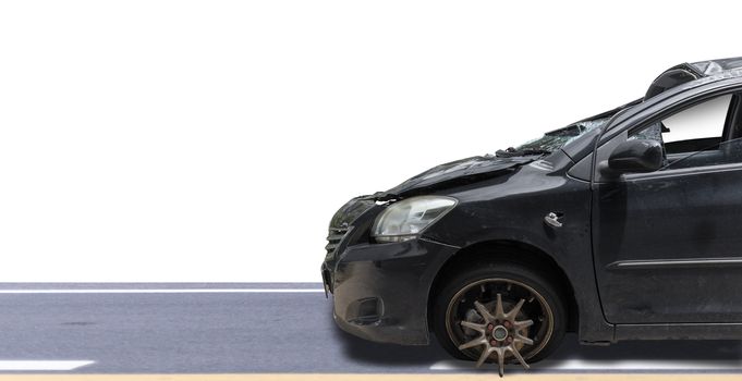 Front of dark gray color car damaged and broken by accident isolate on white background. Save with cliping path. Car crash