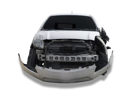 Front of white color car big damaged and broken by accident on city street parking can not drive any more. Isolate on white background. Save with cliping path.